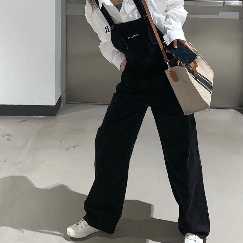 减龄牛仔背带裤女2021春秋新款韩版宽松小个子黑色显瘦阔脚裤长裤