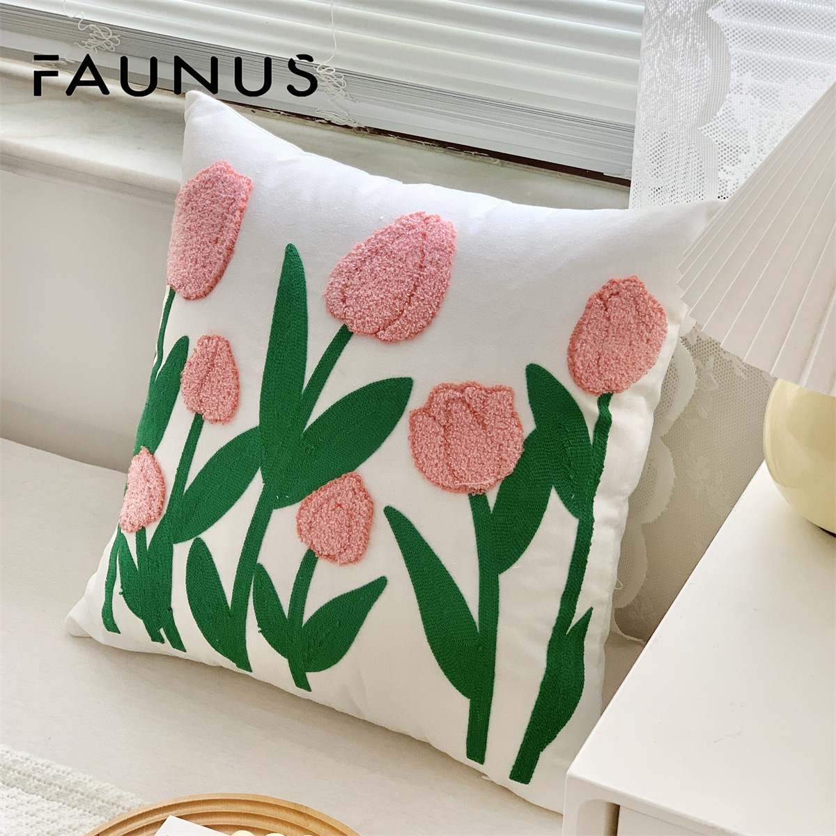 New French Tulip Rose Embroidery Cross-Border Couch Pillow Hotel Decoration Cotton and Linen Pillow Pillow Cover