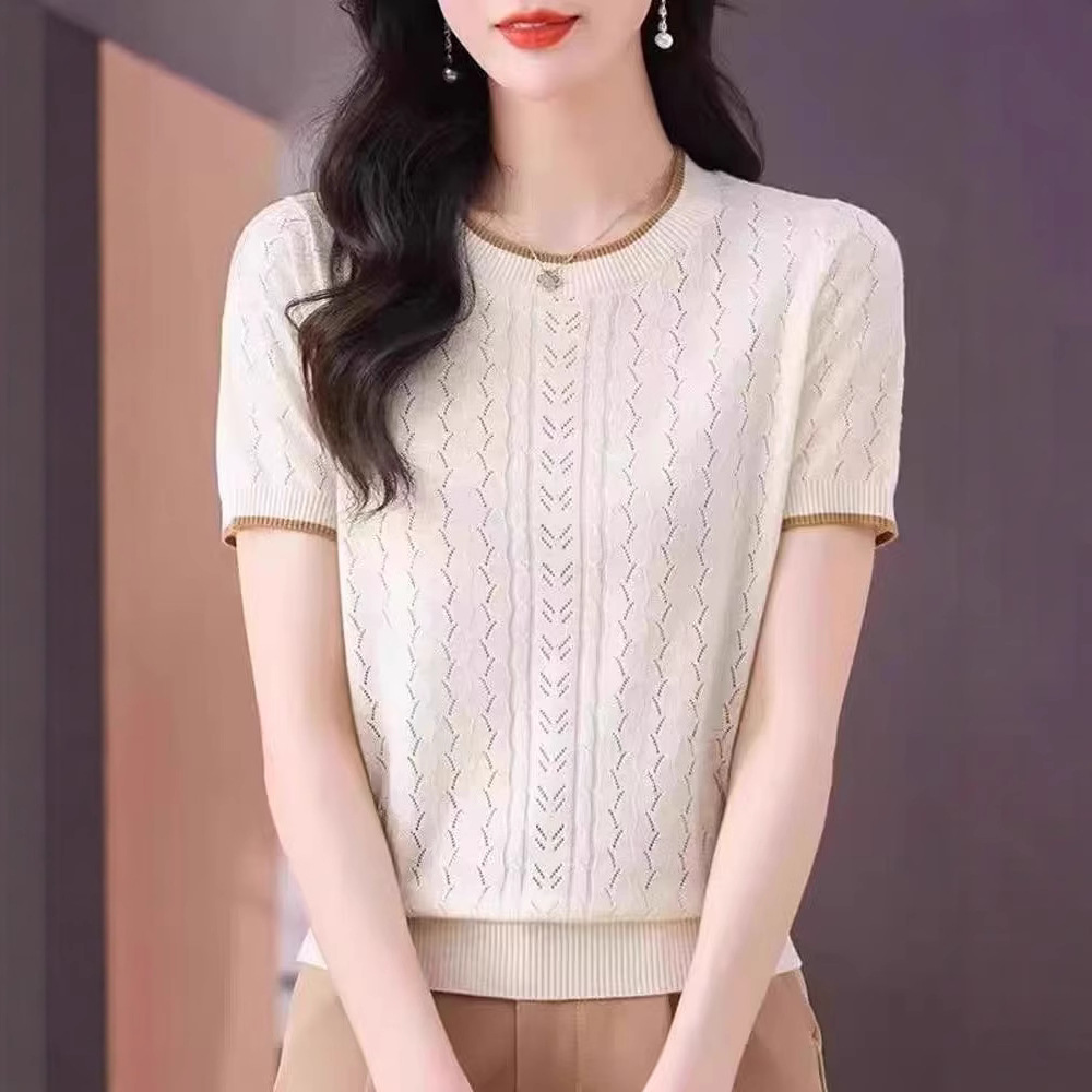 桑蚕丝上衣女2025年新款短袖宽松条纹镂空冰丝针织衫薄款t恤夏女
