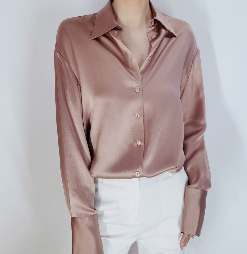21秋新款通勤ol大气优雅重磅真丝衬衫女珊瑚金肌理桑蚕丝系扣衬衣