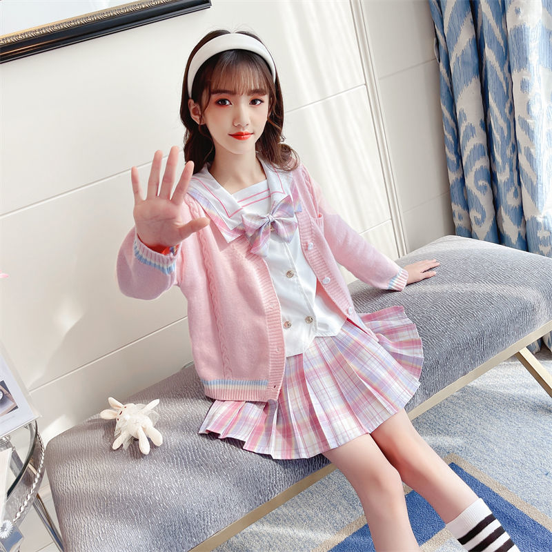 儿童jk制服正版全套女童学院风春秋日系格裙小学生开衫毛衣三件套
