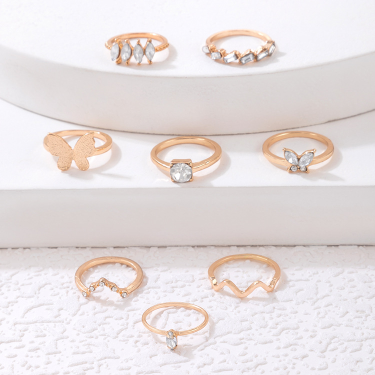 Amazon Cross-Border New Arrival Butterfly Diamond-Studded Ring Set Geometric Korean Style Animal All-Match Eight-Piece Set Ring