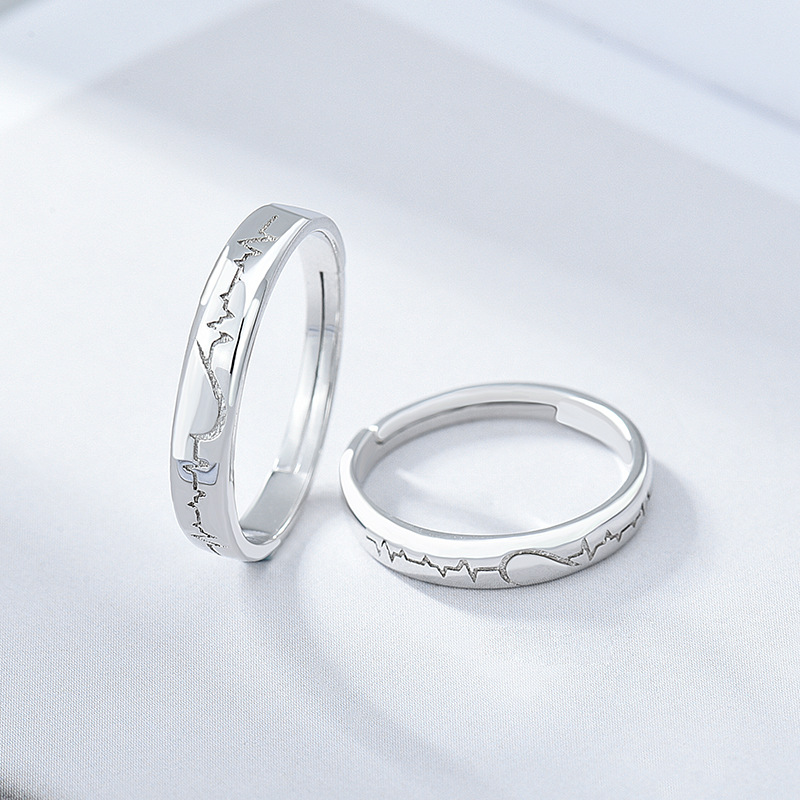 韩版新款s925银男女对戒 简约风心电图情侣戒指开口可调节银首饰