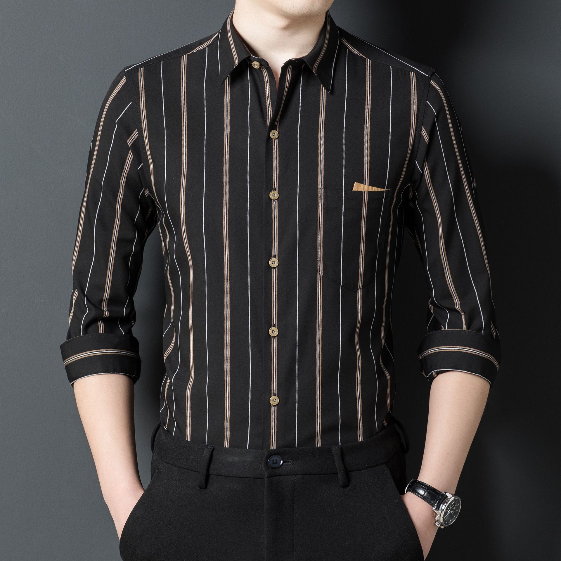 利伯长袖衬衫男秋季新款免烫黑色商务正装时尚感男士休闲条纹衬衣