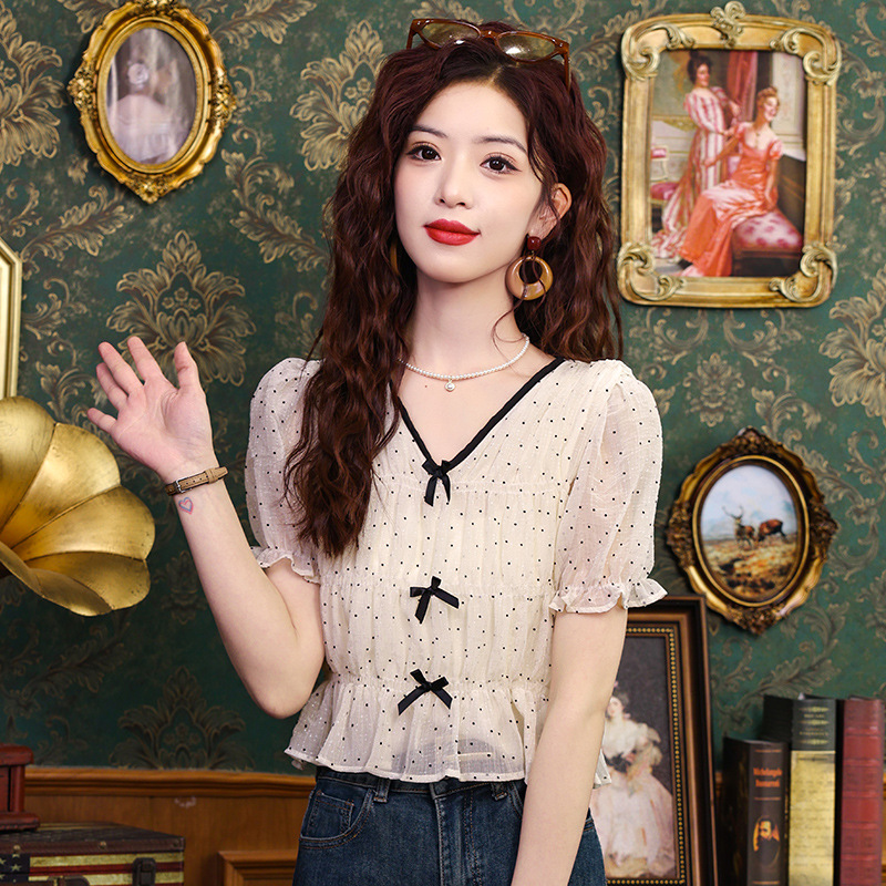 蝴蝶结波点短袖雪纺衫上衣女夏季新款v领设计感宽松洋气减龄衬衫