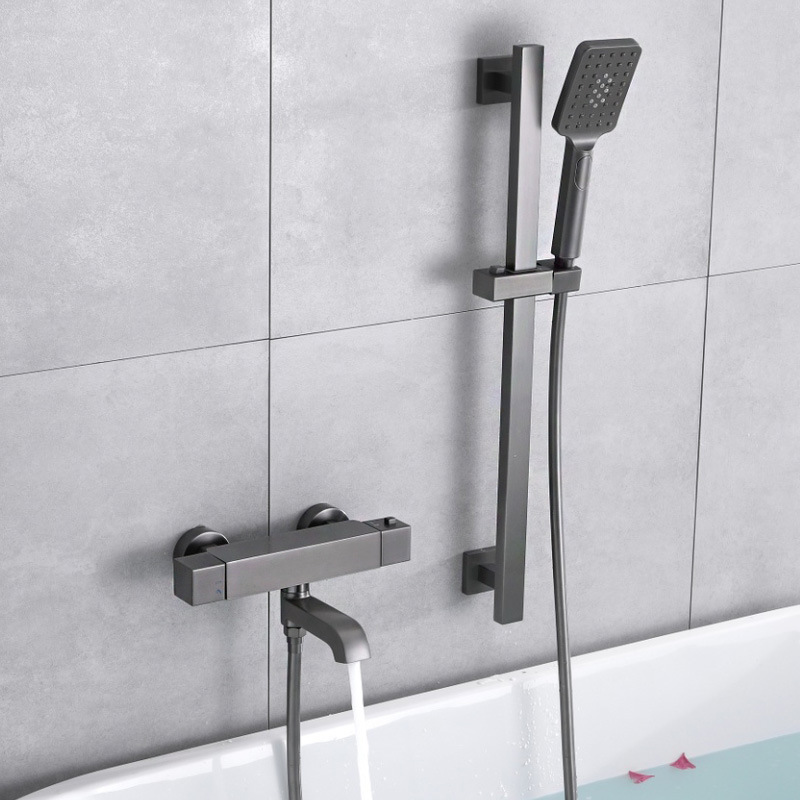 枪灰色浴缸智能恒温花洒冷热龙头套装淋浴器简易挂墙式明装袋升降