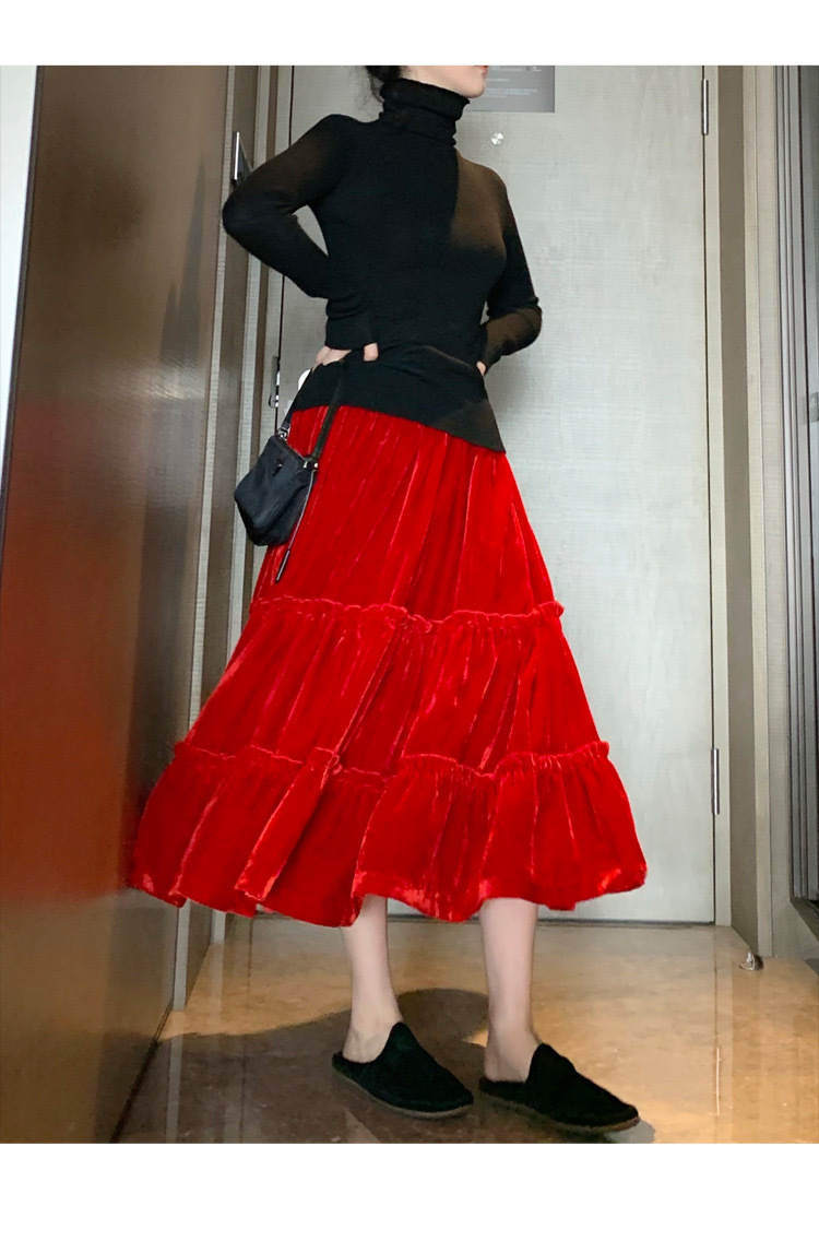胡斑 复古大摆正红色丝绒半身裙蛋糕a字裙