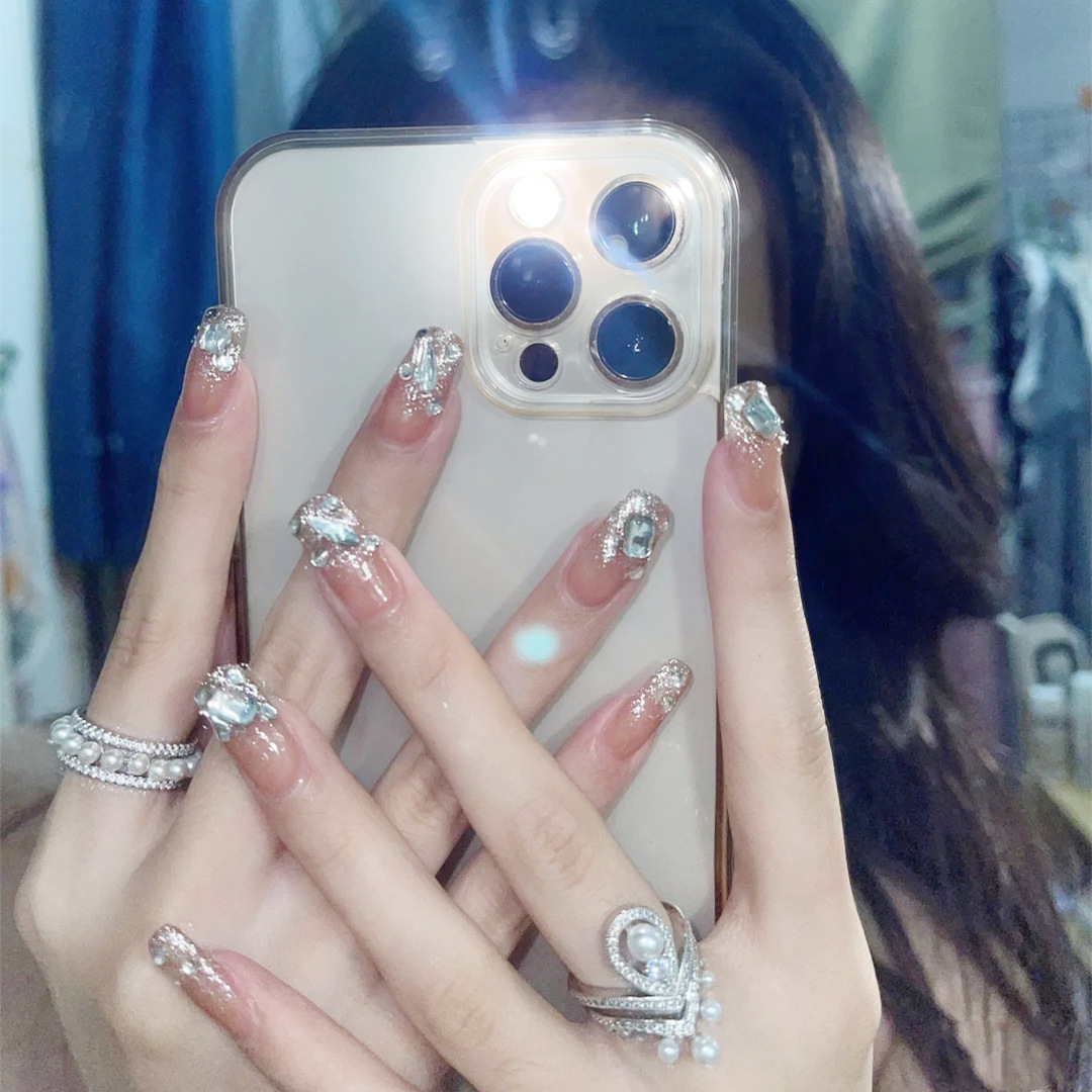 300-华丽水钻穿戴甲可拆卸美甲成品闪粉裸色中长款网红假指甲贴片