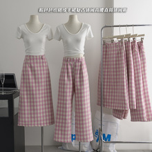 蓓妮草莓 粉色色织格纹半裙复古休闲高腰直筒休闲裤