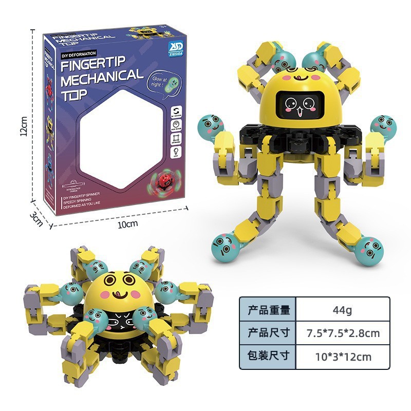 Cross-Border Hot Fingertip Changeable Gyro Face Changing Toy Octopus Robot Decompression Luminous Machinery Gyro Wholesale