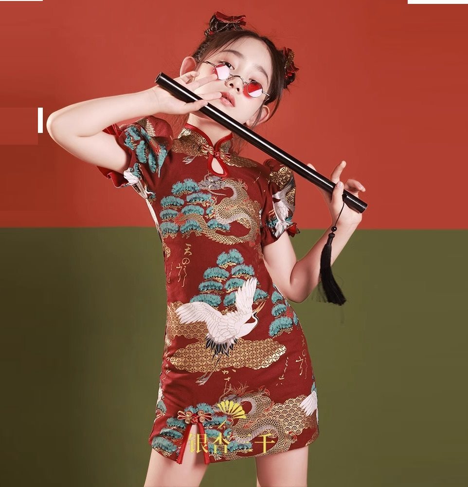 春夏秋女童新中式国风红色高定连衣裙汉服唐装端午中秋旗袍演出服