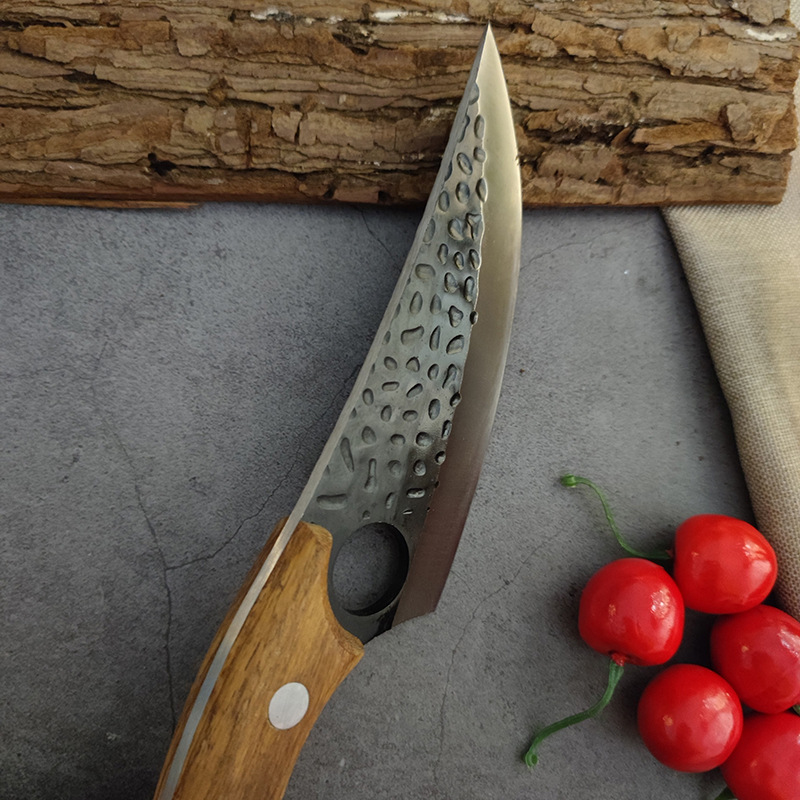 手工锻打锤纹剔骨刀屠宰割肉杀猪切肉分割多用刀户外带孔小弯刀