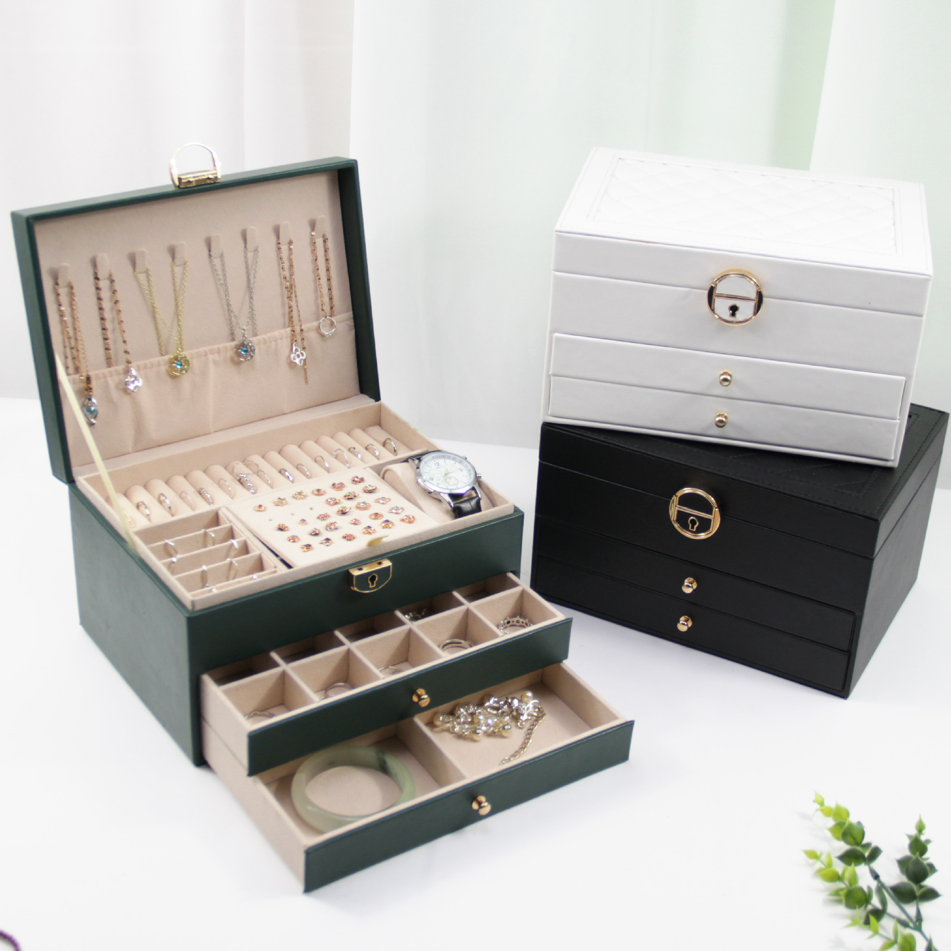 new double-layer jewellery box household simple jewelry storage box portable large-capacity jewelry packing box with lock