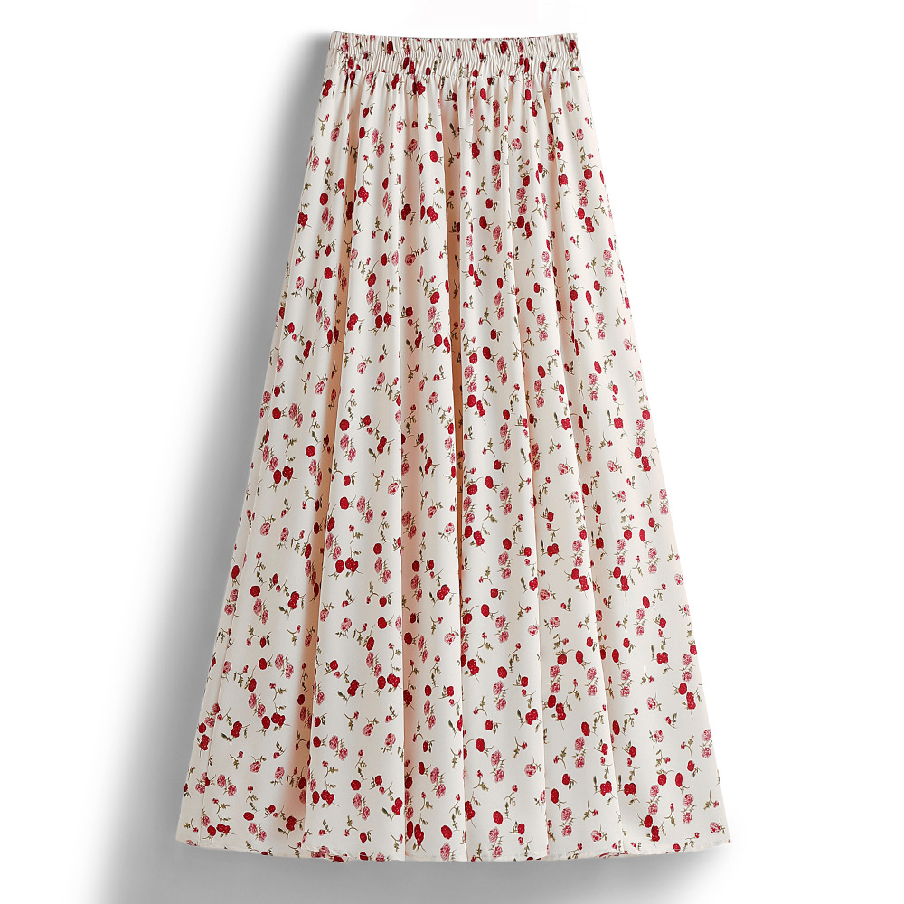 初秋半身裙女雪纺裙印花中长款裙子显瘦高腰小碎花a字裙白色现货