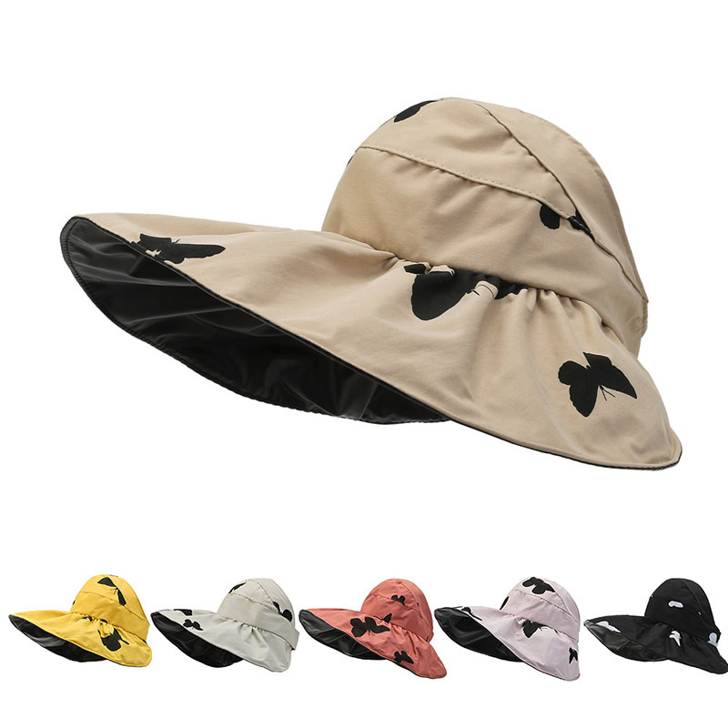 蝴蝶黑胶空顶帽夏天帽子女夏黑胶空顶遮阳帽大檐帽蝴蝶印花黑胶帽