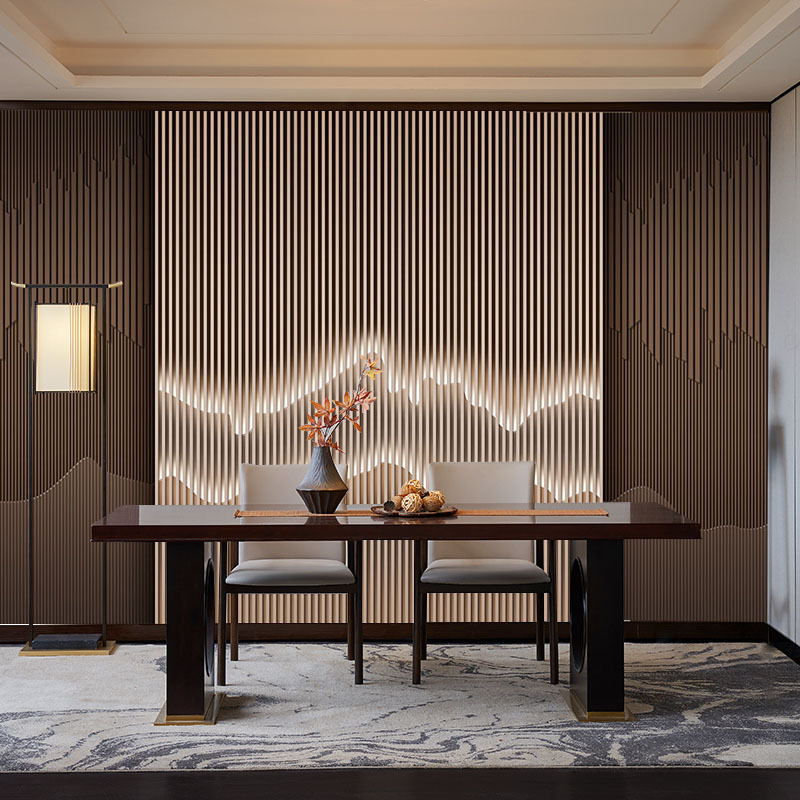 3d现代新中式木格栅墙纸山水造型墙壁纸电视背景墙布茶室装饰壁布