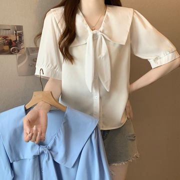 实拍娃娃领衬衫设计感小众衬衣胖mm法式别致蝴蝶结上衣m-4xl200斤