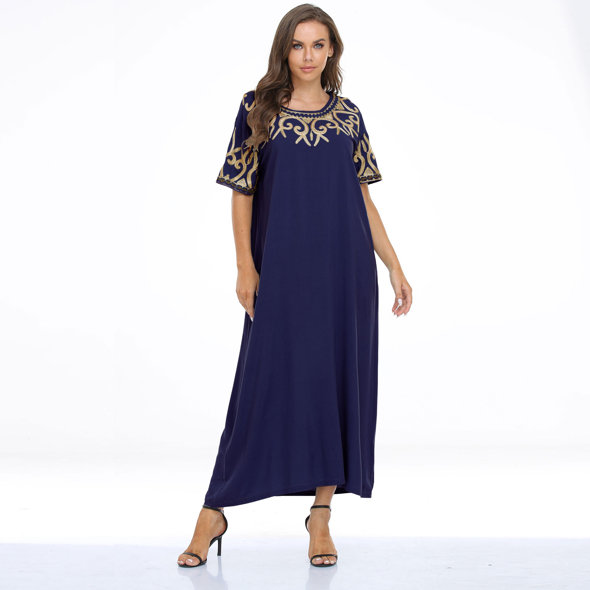 Cross-Border Women's Clothing Muslim Dress Dubai Middle East plus Size Robe Short Sleeve Loose Long Dress