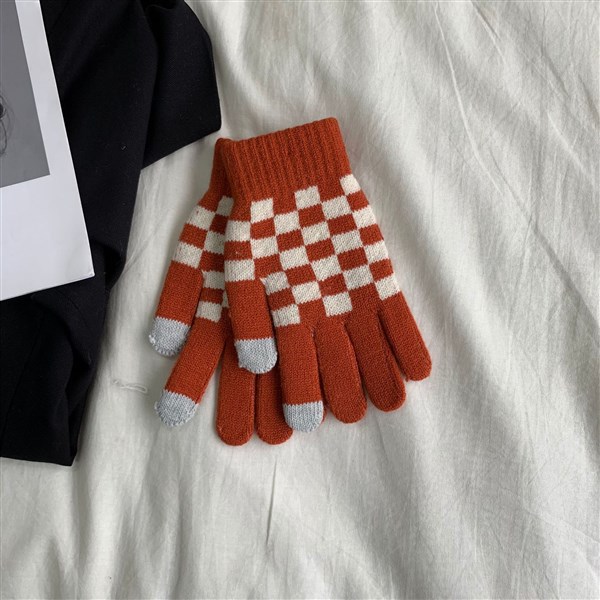 Winter Korean Style Plaid Gloves Outdoor Knitted Men and Women Riding Fleece-lined Touch Screen Student Finger Cold-Proof Warm Gloves