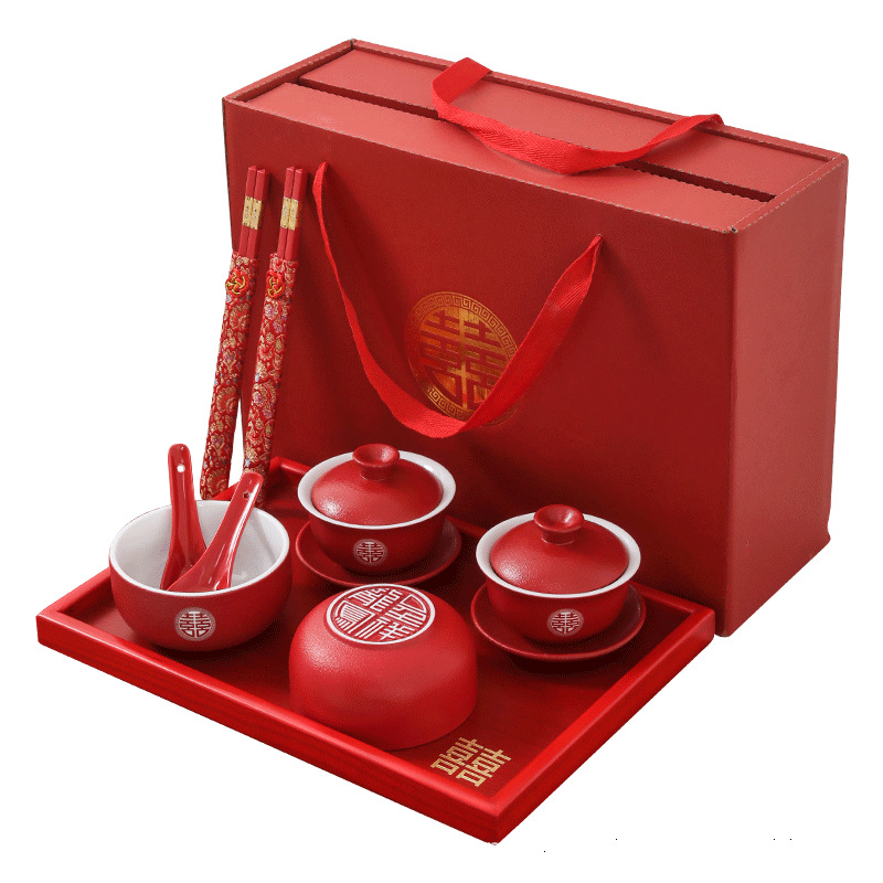 Marriage Dowry Bowl Red Bowl-to-Bowl Chopsticks Modified Tea Ceremony Wine Glass Festival Red Cup Tea Set Tray Set Gift Wedding Supplies