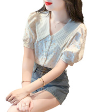 娃娃领碎花雪纺衬衫女设计感小众泡泡袖短袖t恤2024新款夏季上衣