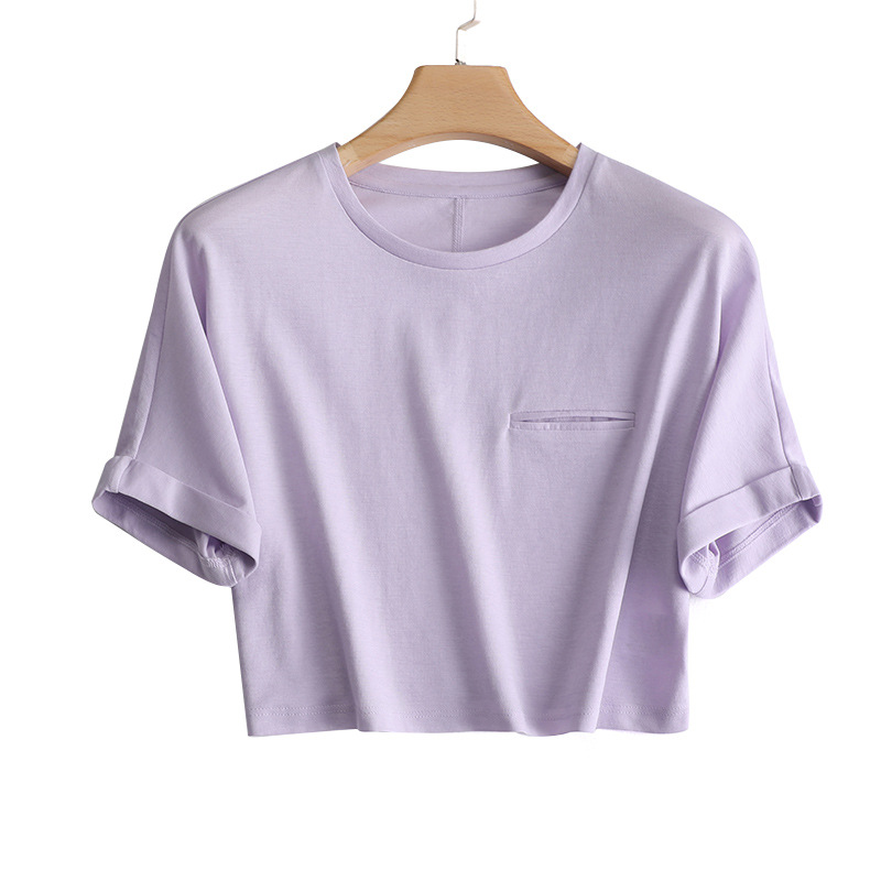 Short High Waist Pocket Navel-Exposed Girl BM Wind-Cool Technology Silky Acetate Mulberry Silk T-shirt Women's Short Sleeve Top