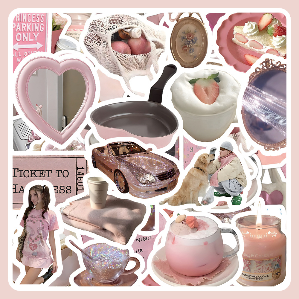 60张ins简约粉色系物件贴纸韩系少女心高颜值手机壳装饰贴画批发