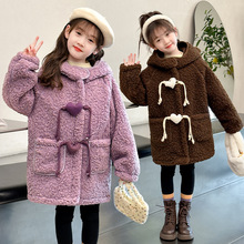 女童羊羔绒外套2023新款女大童冬季加绒加厚毛毛衣儿童装冬装连帽