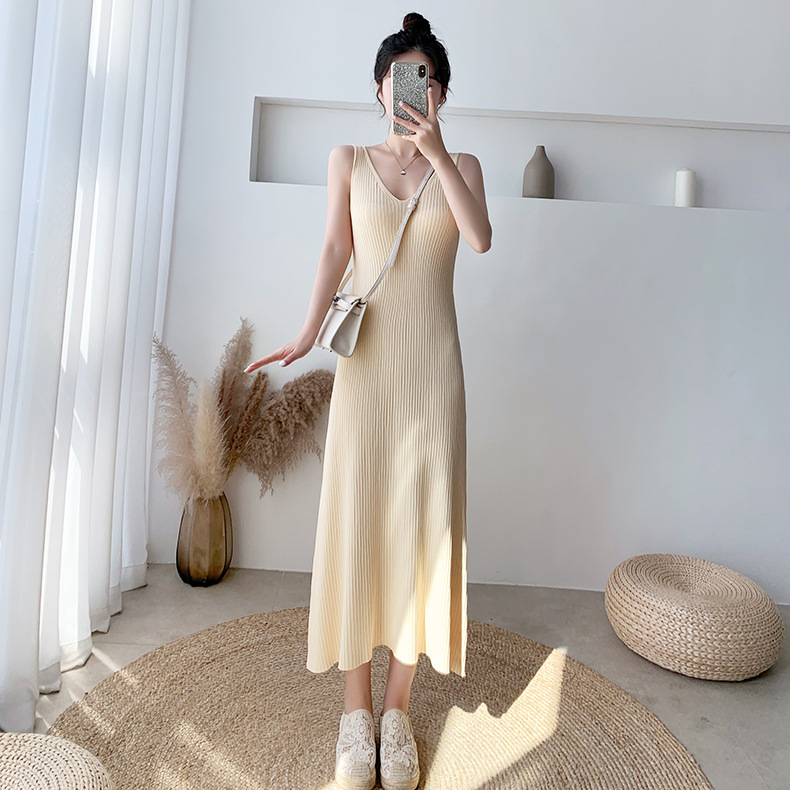 2023 New Summer Ice Silk Knitted Suspender Dress Women's Thin Inner Match Mid-Length Sleeveless Split Vest Dress