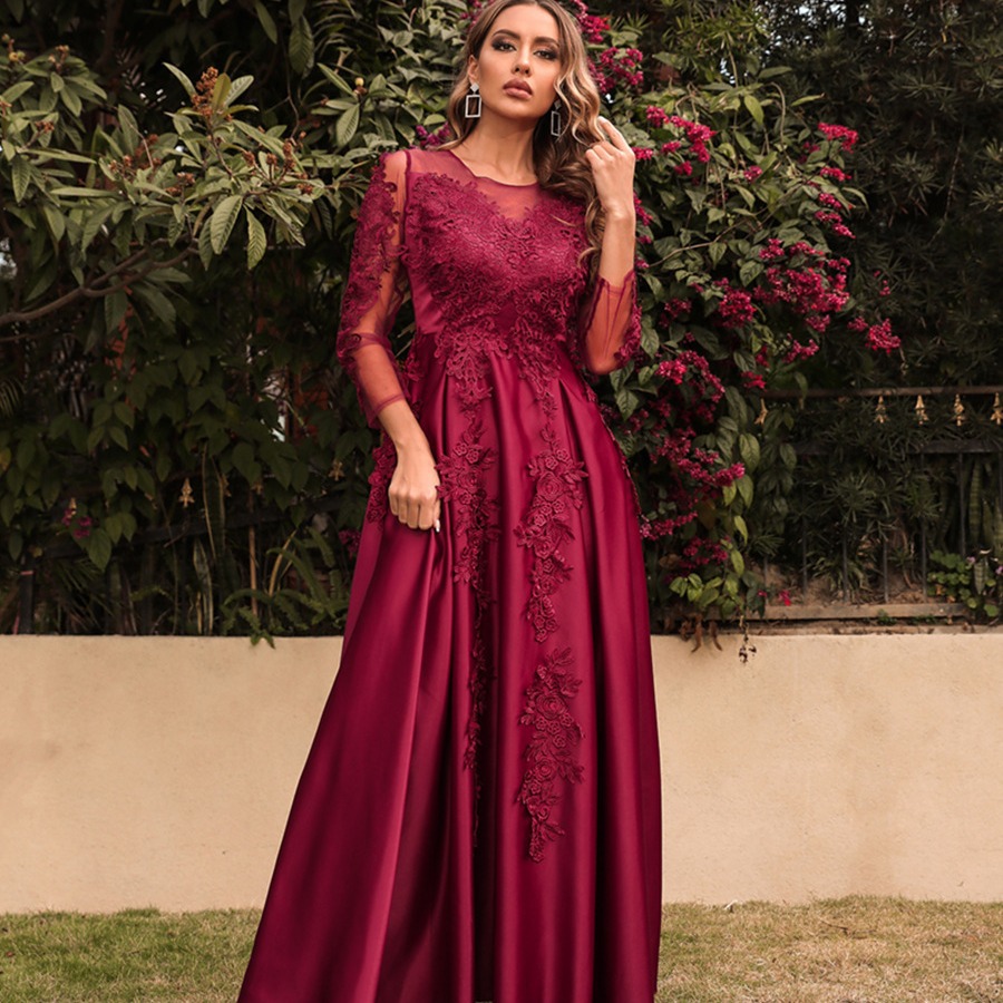 2022新款欧美外贸女装独立站蕾丝大摆性感长裙拖尾宴会晚礼服新款