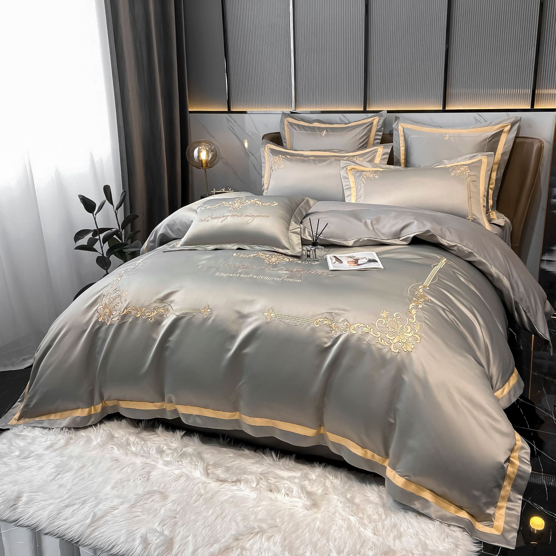 新款轻奢刺绣长绒棉四件套丝滑裸睡被套床单笠现代简约床上用品
