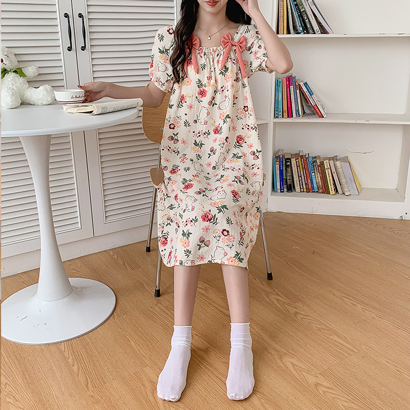 2023 Summer Woven Champray Thin Pajamas Women's Short-Sleeved Bowknot Nightdress with Chest Pad Girl's Sweet Home Wear