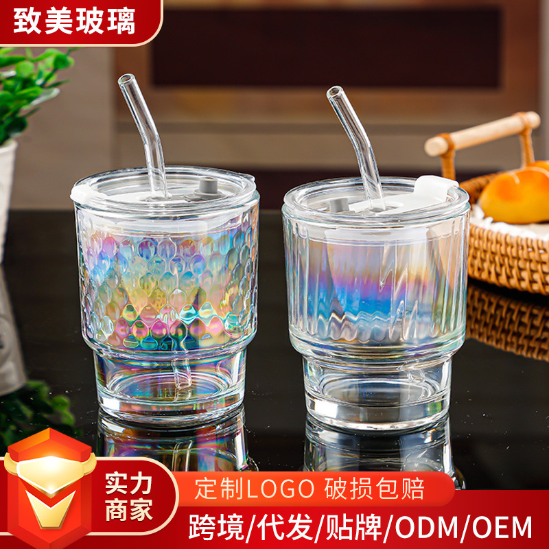 网红炫彩竹节杯ins吸管玻璃杯礼品水杯办公室果汁饮料奶茶杯批发