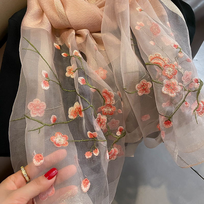 Chinese Style Peach Blossom Handmade Embroidery Silk Wool Scarf Women's Silk Scarf Warm Shawl Long Scarf to Give Mom