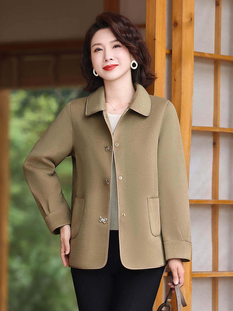 双面气质外套女春秋妈妈秋装中老年人新款显瘦短款夹克上衣2024呢