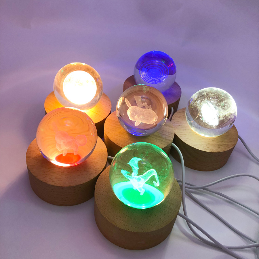 遥控充电款实木led圆形水晶球发光底座 生日礼物小夜灯底座摆件
