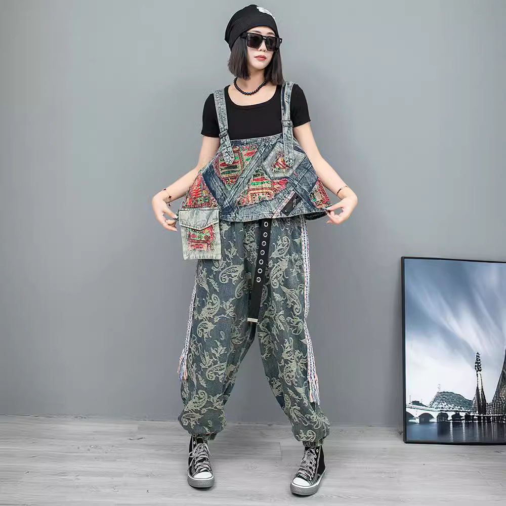 复古做旧印花拼接牛仔吊带马甲哈伦裤女春款宽松时尚套装-阿里巴巴