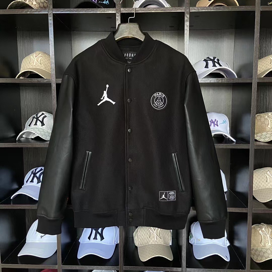 乔丹棒球服巴黎圣日耳曼联名款夹克休闲飞人logo毛呢刺绣aj外套
