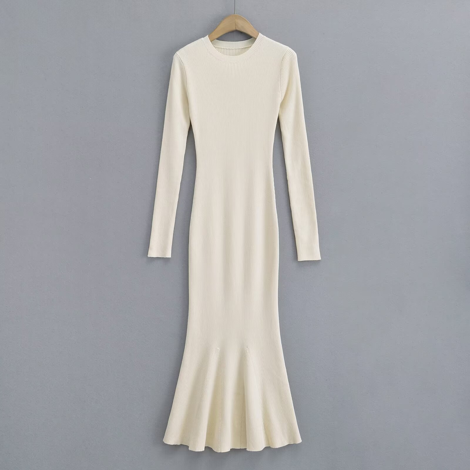 美式秋冬加厚基本圆领长袖针织鱼尾裙收腰显瘦过膝打底毛衣连衣裙