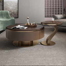 轻奢现代设计师家用客厅不锈钢小户型胡桃实木色圆形茶几边几组合