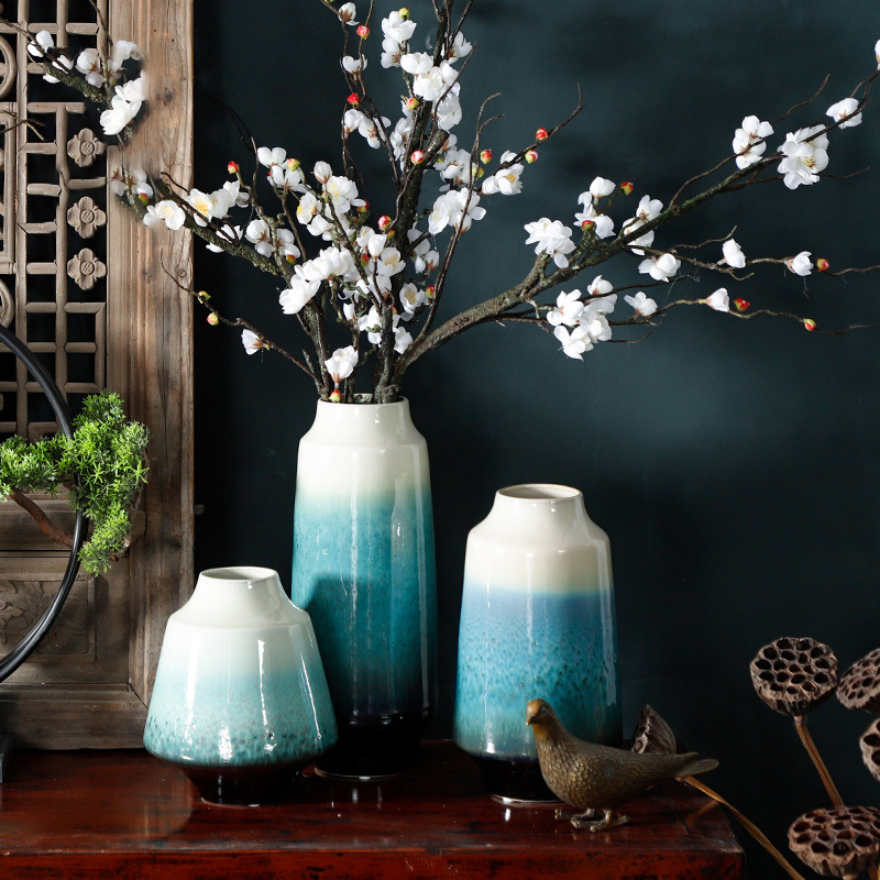 中式古风陶瓷装饰花瓶仿古渐变青白色宽口花插艺术摆件干花瓶批发