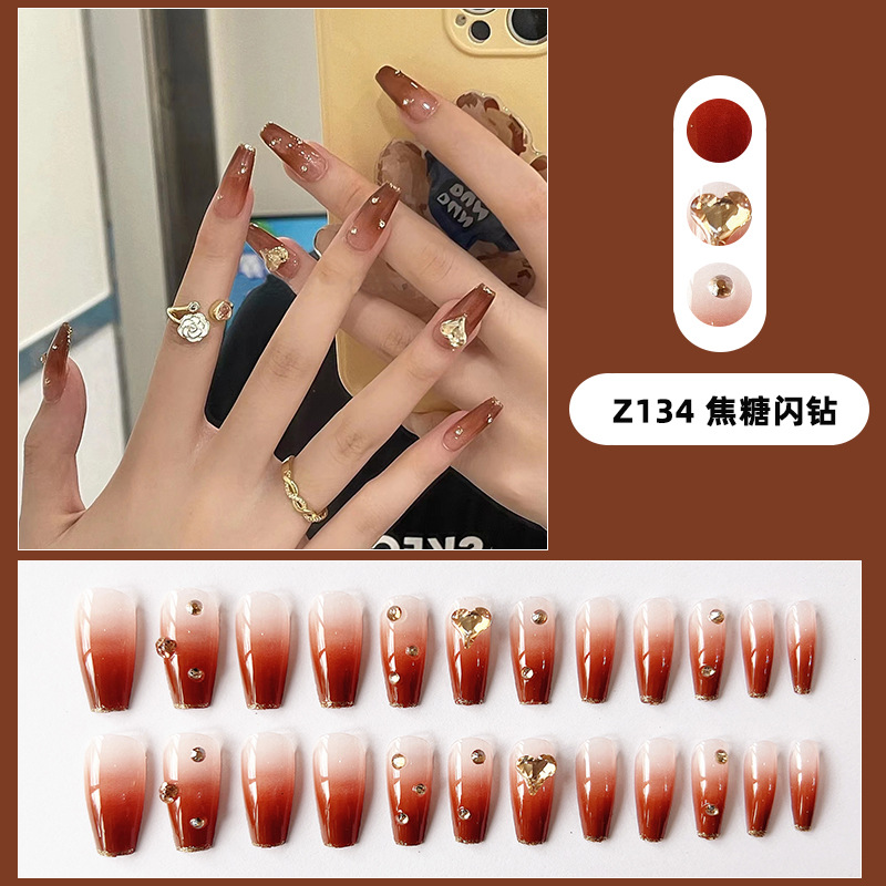 Spring and Summer White Wear Nail Long Caramel Gradient Flash French Fake Nail Finished Detachable Nail Patch