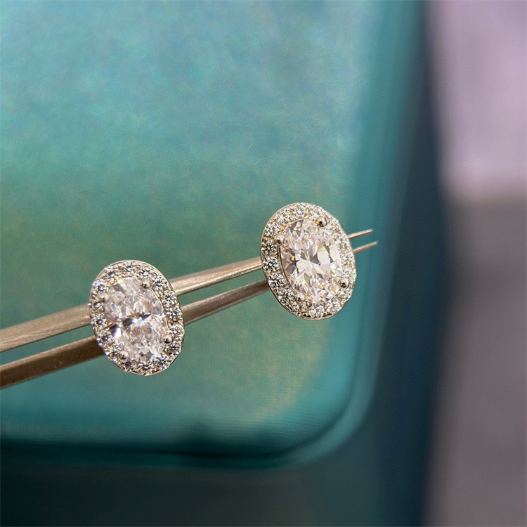 s925纯银迷你椭圆钻石小耳钉时尚纯手工 围镶椭圆小