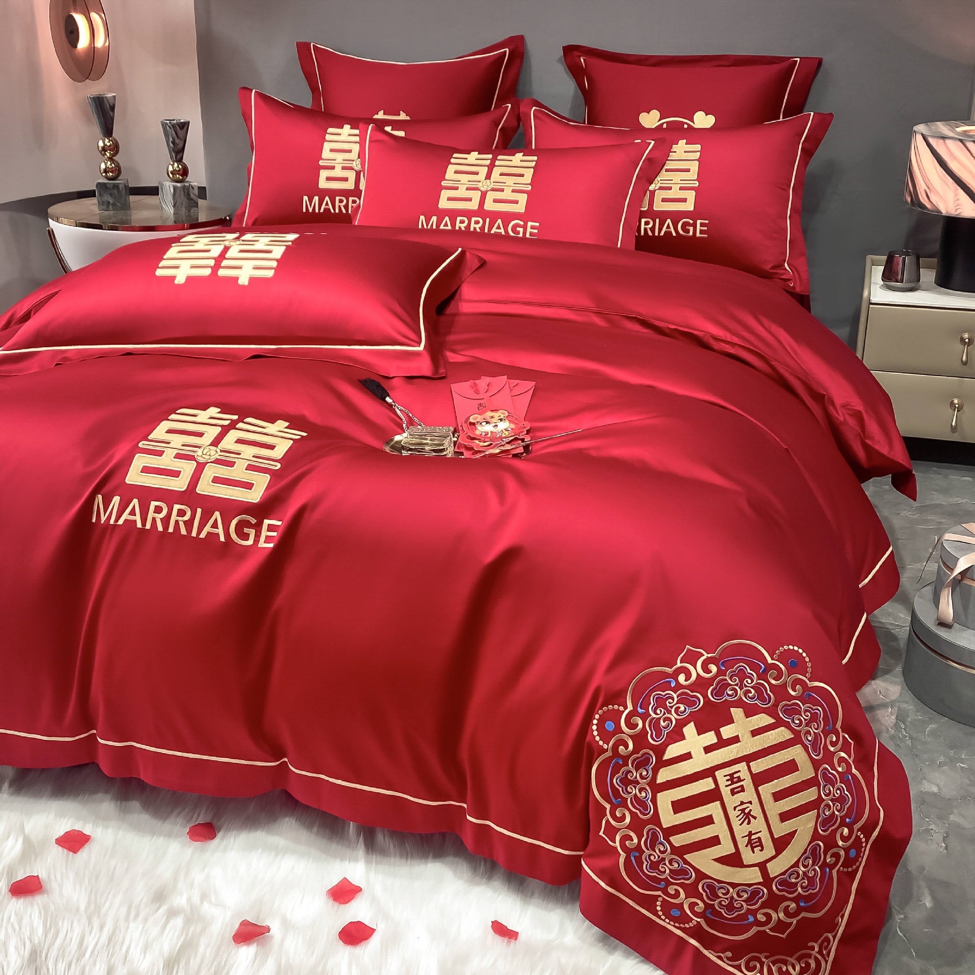 婚庆四件套新婚床单被套大红色结婚多件套婚房床上用品四件套