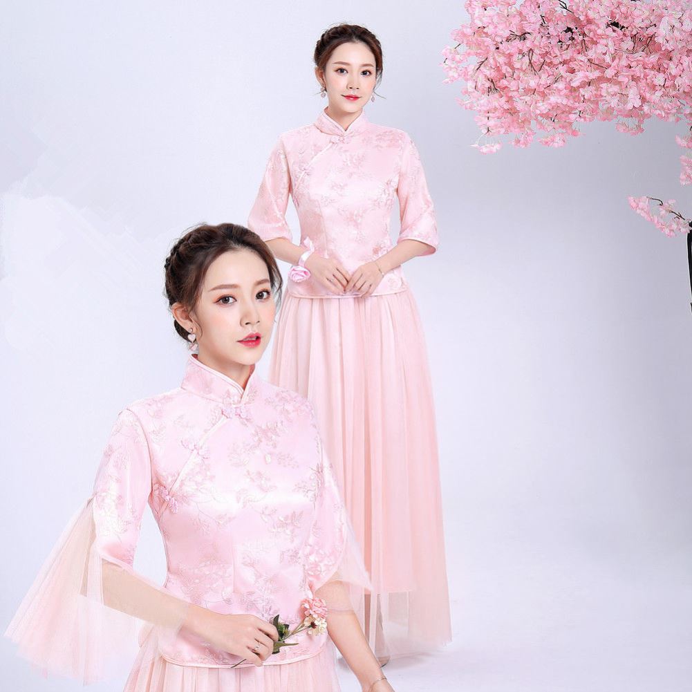 汉服伴娘服 中式2020新款复古姐妹团长款改良结婚二件套装旗袍女