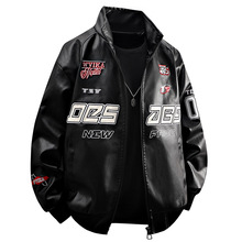 美式赛车服刺绣皮衣男街头痞帅hiphop高街潮牌立领机车皮夹克外套