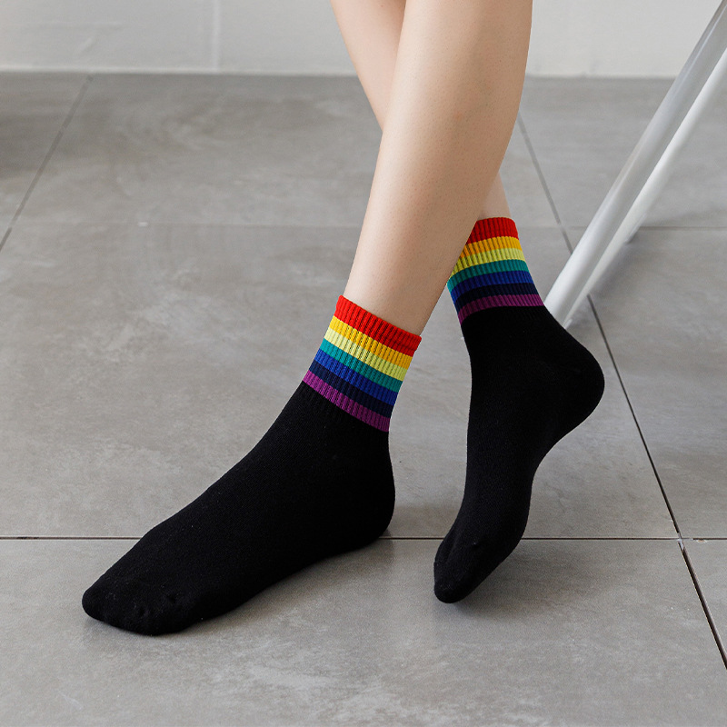 Women's Socks Spring and Summer New Japanese Rainbow Striped Mid-Calf Length Socks Women's Couple Internet Celebrity All-Matching Athletic Socks Medium Stockings