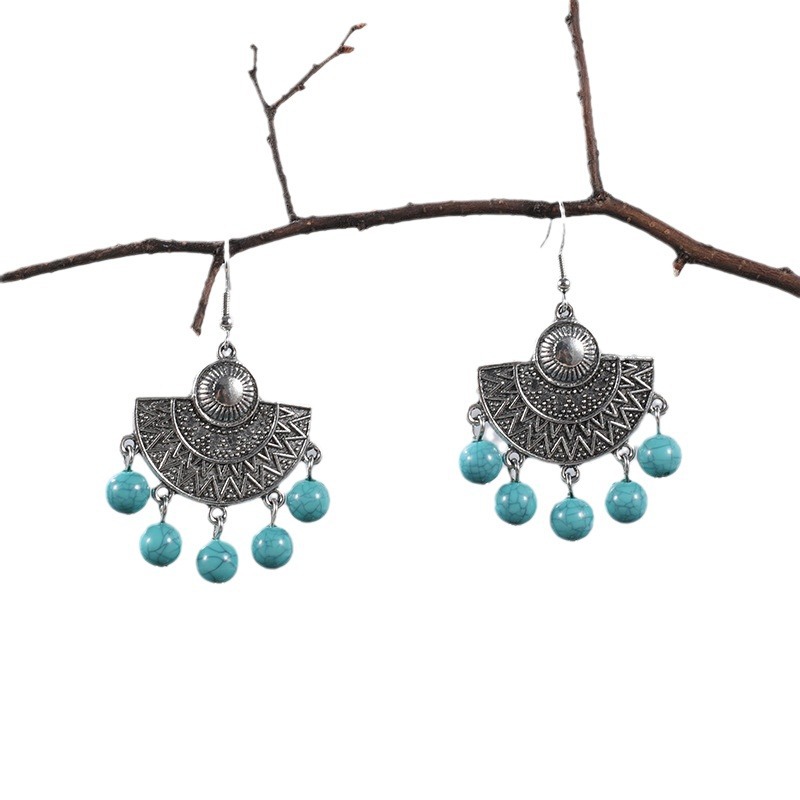 Amazon Hot Ethnic Style Vintage Earrings Antique Style Tassel Fan-Shaped Delicate Earrings Turquoise Fashion Ornament