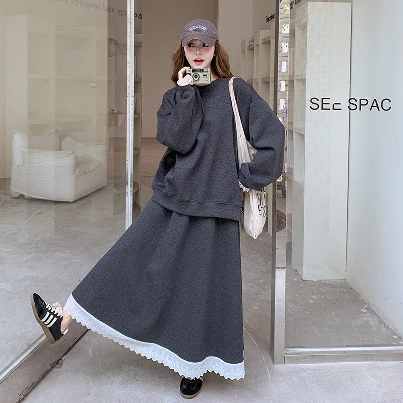 灰色运动套装女秋冬2025新款韩系休闲设计感卫衣花边半身裙两件套