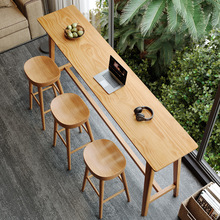 实木吧台桌椅家用原木色高脚桌长条窄桌阳台现代简约靠墙桌椅组合